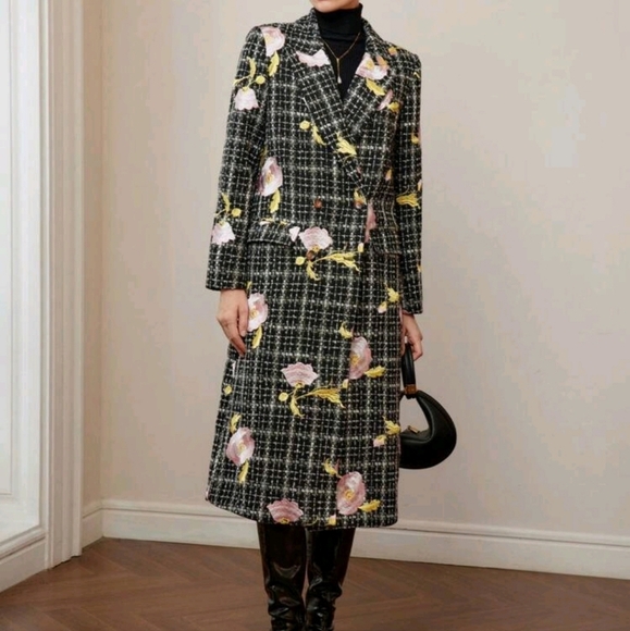 TWEED EMBROIDERY FLORAL PATTERN PLAID PEAK COLLAR PEA OVERCOAT - Picture 5 of 5